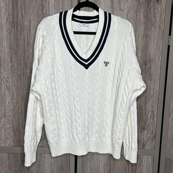 TNA Aritzia Sweater Cable Knit White Color V Neckline Nautical Preppy Size L - Picture 1 of 7